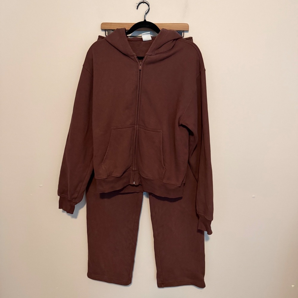 Aritzia Cozy Sweatfleece Perfect Zip Hoodie Mega Fit Straight Pants Set M Brown